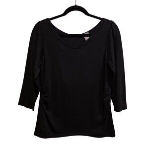 Ann Taylor Womens Black V-Neck Long Sleeve Ruched Quarter Sleeve Sweater Top L